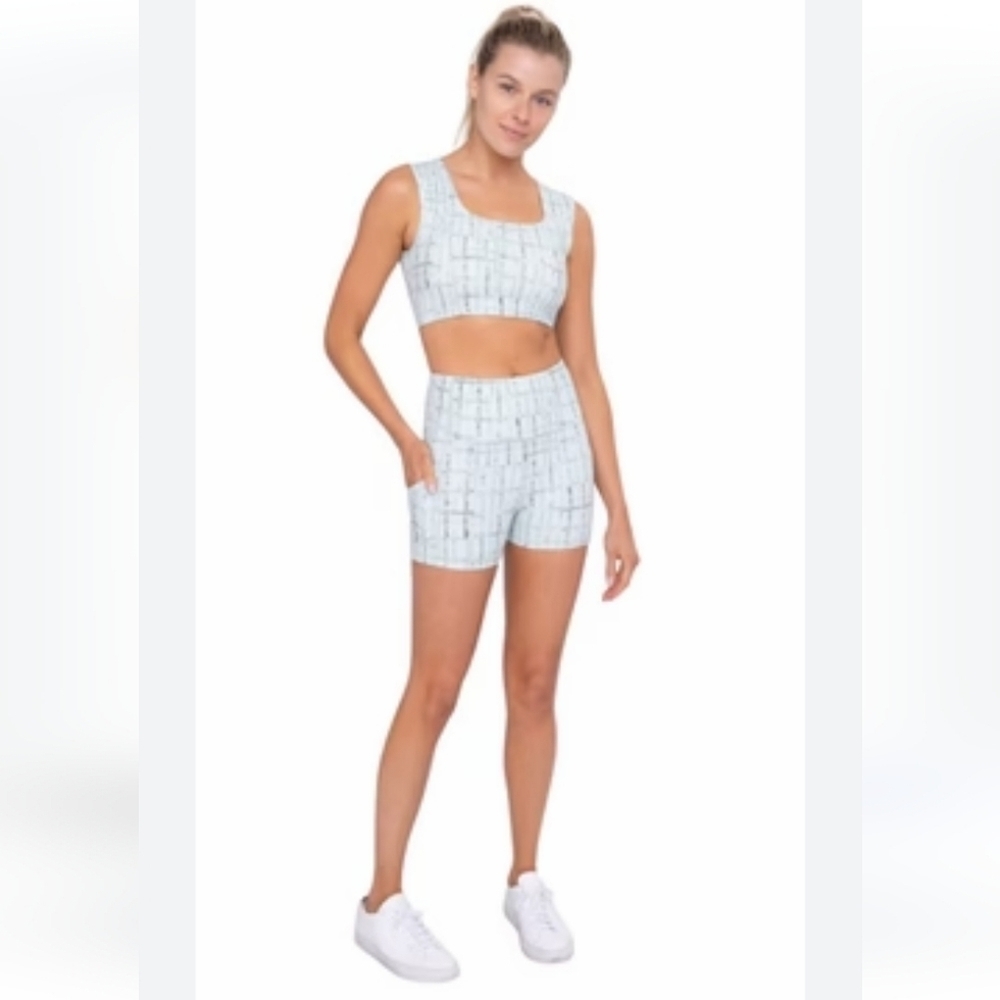 2Pcs Mono B Top Athletic Shorts Plaid Stretch Pockets High Waisted Set Sz L
